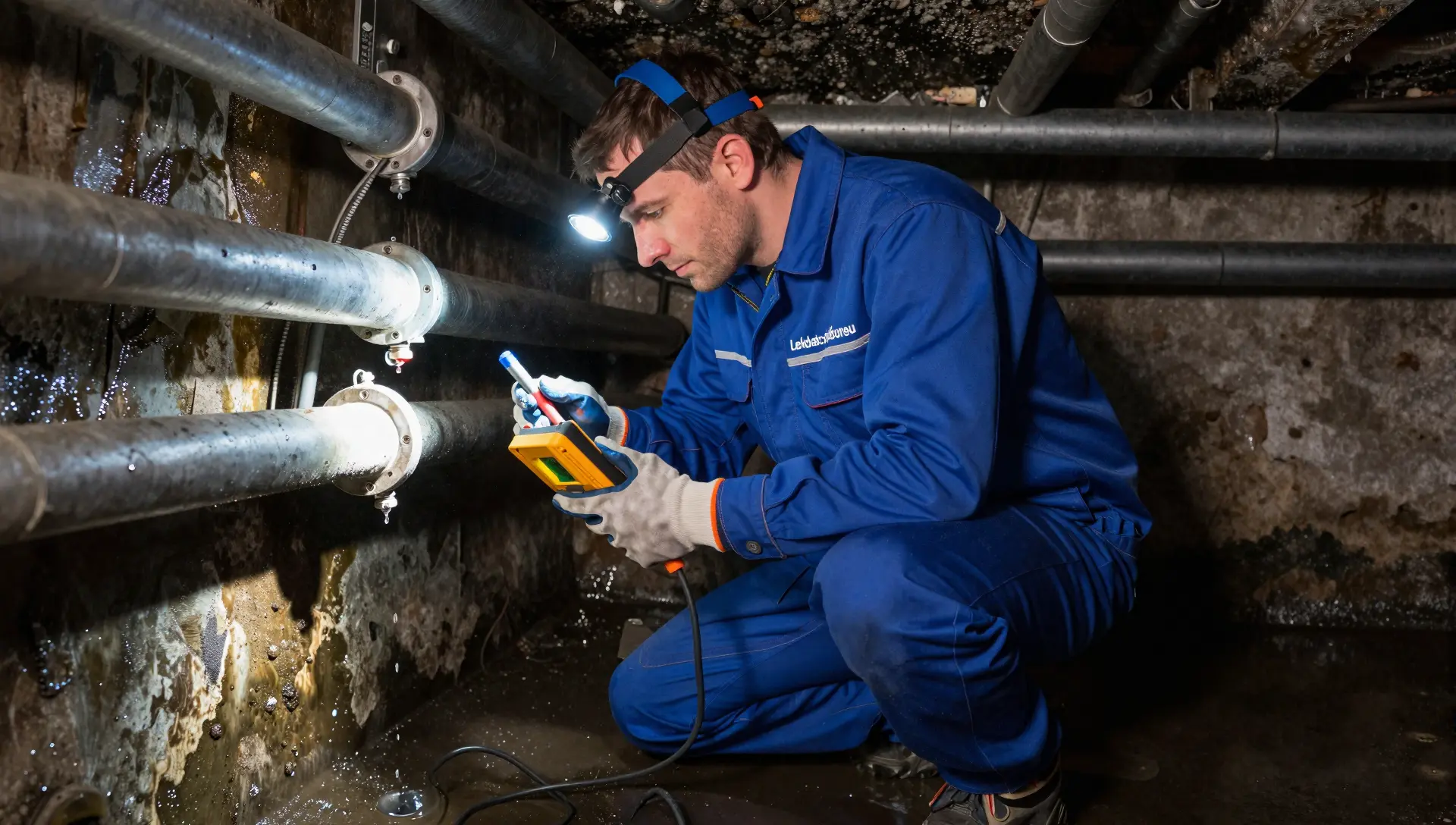 Specialist voert lekdetectie uit met apparatuur